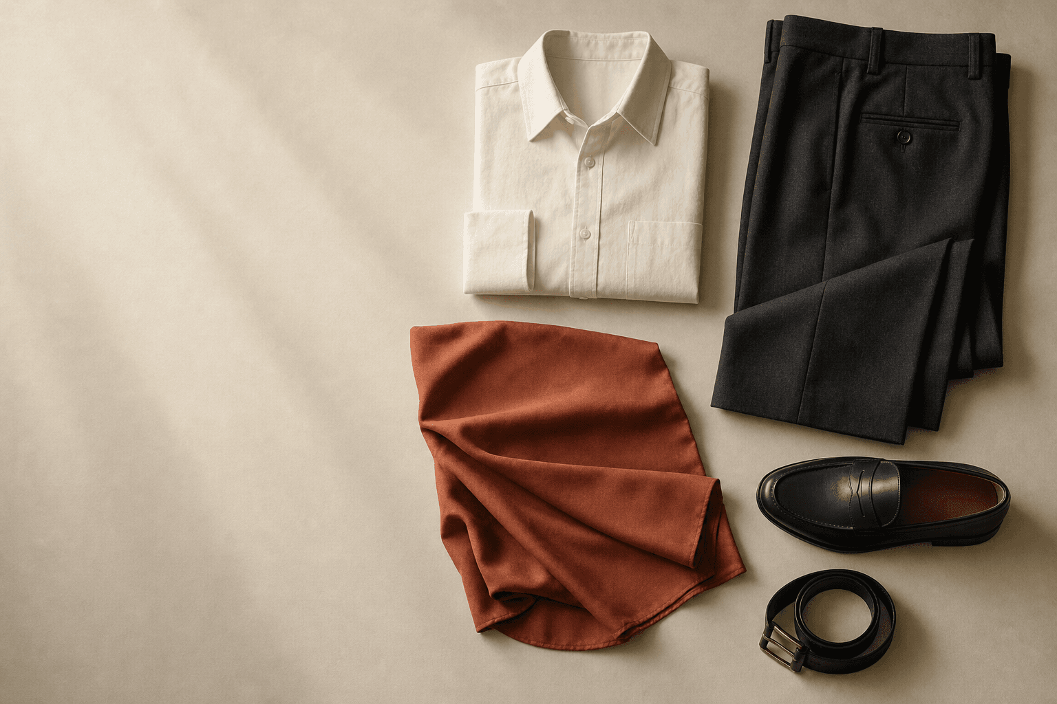 An overhead arrangement of a folded ivory shirt, charcoal wide-leg trousers, terracotta silk, a leather loafer and a coiled belt on ivory paper.