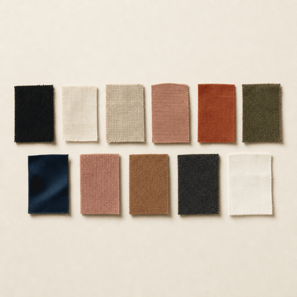 A grid of plain fabric swatches on ivory paper: ink, cream, oatmeal, clay, terracotta, olive, petrol blue, dusty rose, camel and charcoal.